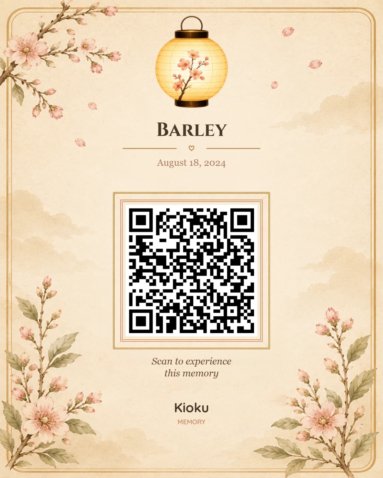 A Kioku memory card for Barley with a large scannable QR code